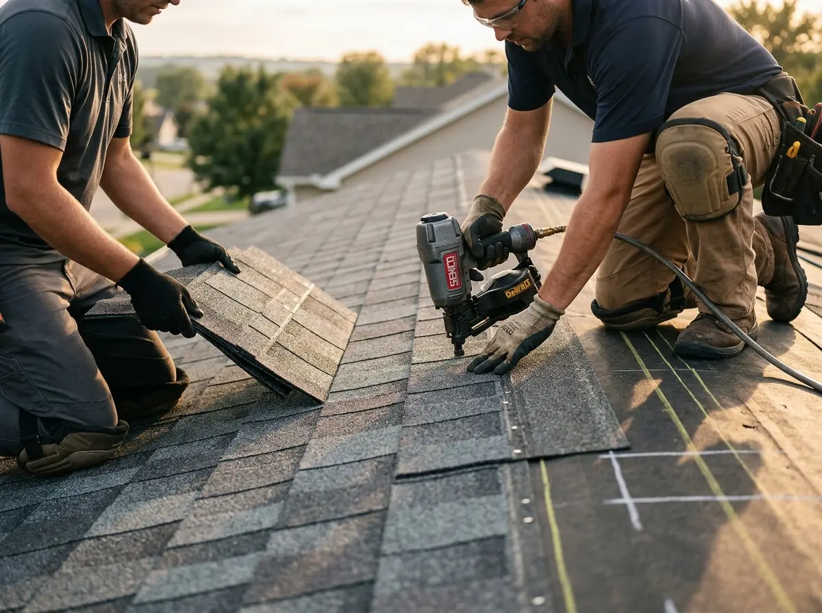 Professional roofer working on a residential roof in Laketon